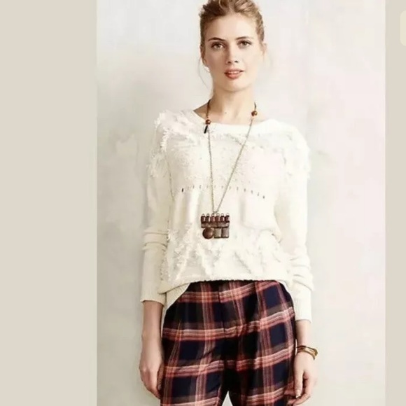 Anthropologie MOTH Bramble Fringe Sweater Ivory Pullover Knit Wool Alpaca Blends - Picture 3 of 11
